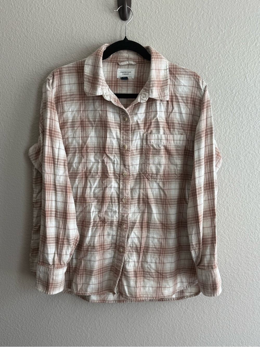 American Eagle Outfitters Beige and White Plaid Button-Up Shirt